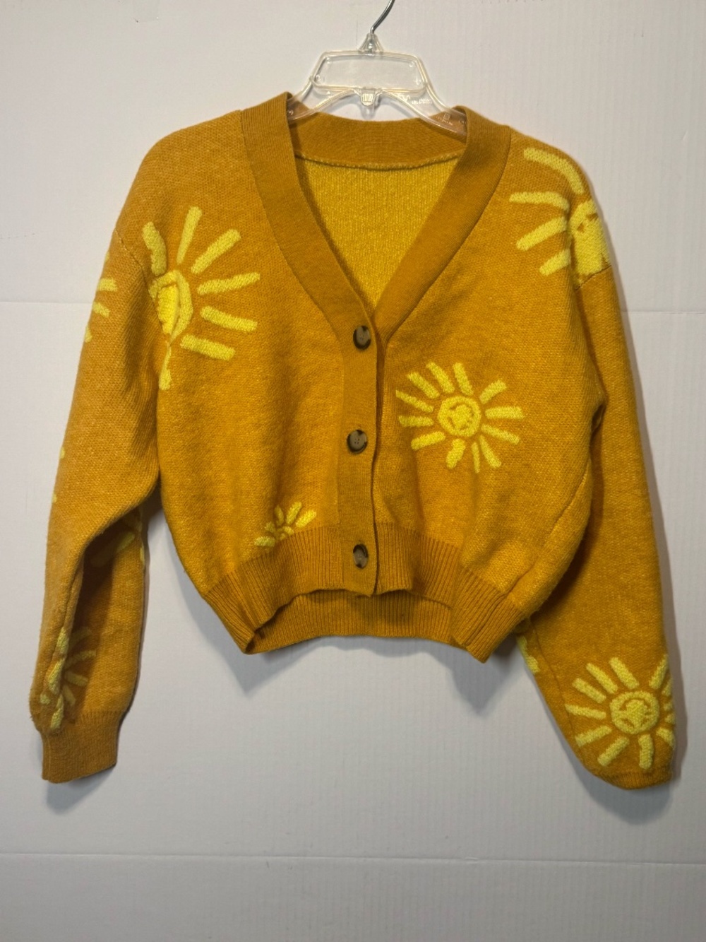 CIDER Mustard Sun Embroidered Cropped Cardigan Sweater S